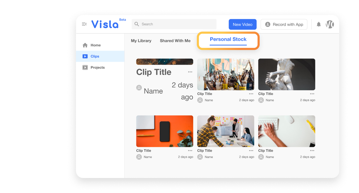 Visla's Private Stock Library interface, offering Communication Teams access to high-quality footage for consistent branding in videos.